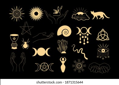 A set of esoteric elements. Tattoo alchemy and spiritual, witchcraft magician and occult.Gold cons on a black background.