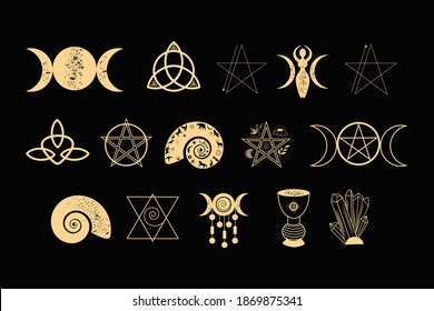 A set of esoteric elements.Tattoo alchemy and spiritual, witchcraft magician and occult.Gold icons on a black background.