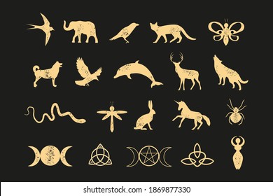 A set of esoteric elements.Tattoo alchemy and spiritual, witchcraft magician and occult.Gold icons on a black background.