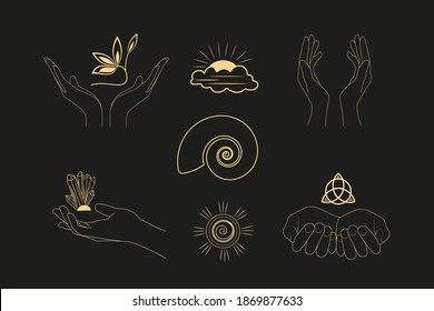 A set of esoteric elements.Tattoo alchemy and spiritual, witchcraft magician and occult.Gold icons on a black background.