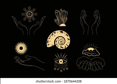 A set of esoteric elements.Tattoo alchemy and spiritual, witchcraft magician and occult.Gold icons on a black background.
