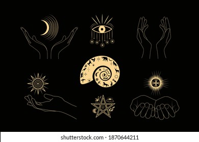 A set of esoteric elements.Tattoo alchemy and spiritual, witchcraft magician and occult.Gold icons on a black background.