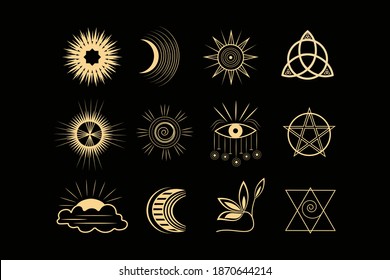 A set of esoteric elements.Tattoo alchemy and spiritual, witchcraft magician and occult.Gold icons on a black background.