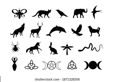 A set of esoteric elements.Tattoo alchemy and spiritual, witchcraft magician and occult.Black icons on white background.