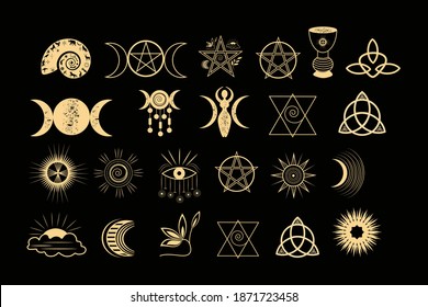 A set of esoteric elements.Tattoo alchemy and spiritual, witchcraft magician and occult.Gold icons on a black background.
