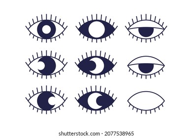 Set of esoteric eye with eyelashes and moon or sun as pupil. Moon eclipse inside eye. Esoteric, occult or spiritual symbol. Spiritual amulet in outline style. Winking or blinking eye. Vector  svg