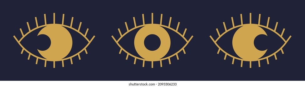Conjunto de ojos esotéricos con pestañas y luna o sol como alumno. Eclipse de luna dentro del ojo. Símbolo estotérico, oculto o espiritual. Amuleto espiritual en forma de contorno. Ilustración del vector