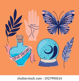 set of esoteric icons on a orange background vector illustration design