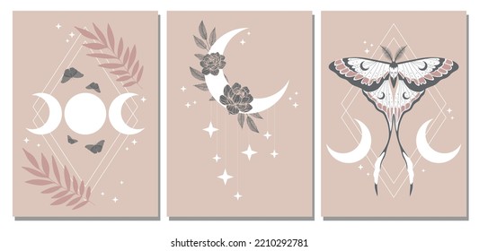 Set of esoteric magic posters. Crescent, moon, stars, floral elements, moth. Spiritual talisman, occultism objects. Boho illustration, pastel colors