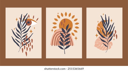 Set of esoteric magic posters. Crescent, sun, stars, floral elements, plants. Vector illustration, natural colors