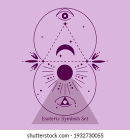 Set of esoteric, magical symbols. Opening of third eye, influence of nature, stars, planets, Sun, Moon. Vector drawing in outline style for tarot cards design, social networks, web groups.
