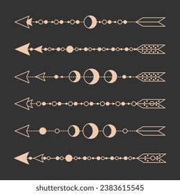 Set of esoteric mystical arrows with spiritual symbols, moon, sun. Templates icons in boho style, decorative elements. Vector