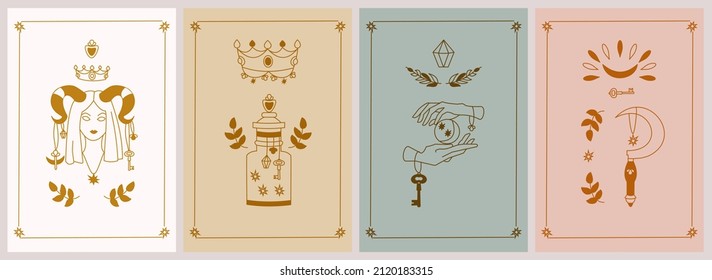 Set of esoteric mystical fantasy posters. Girl with horns, poision, crown, hands, moon, druid sickle. Minimal geometric boho style. Vector outline illustration.