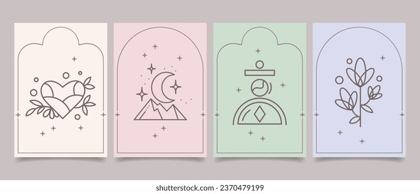 Un conjunto de afiches místicos esotéricos con símbolos espirituales, luna, sol, estrellas, flores. Plantillas, tarjetas Tarot, estilo boho. Vector