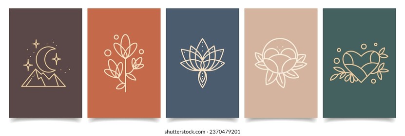 A set of esoteric mystical posters with spiritual symbols, moon, sun, stars, flowers. Templates, Tarot cards, boho style. Vector