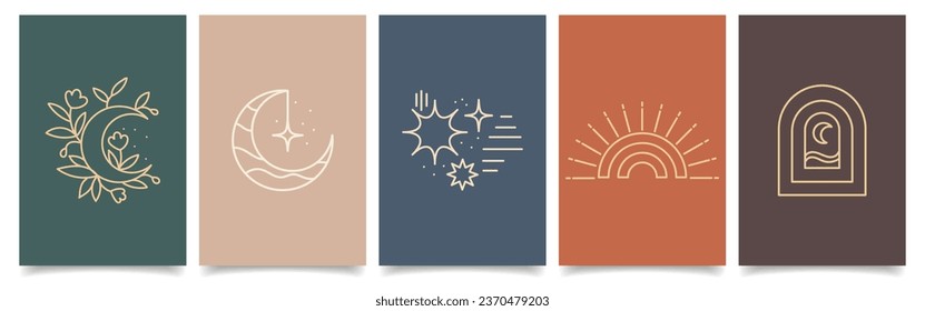 A set of esoteric mystical posters with spiritual symbols, moon, sun, stars, flowers. Templates, Tarot cards, boho style. Vector