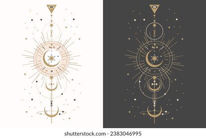 Set of esoteric mystical posters with spiritual symbols, moon, sun, stars. Templates on light and dark backgrounds, boho style. Vector