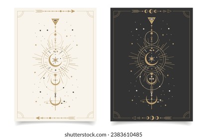 Set of esoteric mystical posters with spiritual symbols, moon, sun, stars. Templates on light and dark backgrounds, boho style. Vector