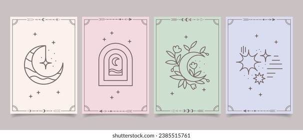 Set of esoteric mystical posters with spiritual symbols, moon, sun, stars. Templates on light and dark backgrounds, boho style. Vector