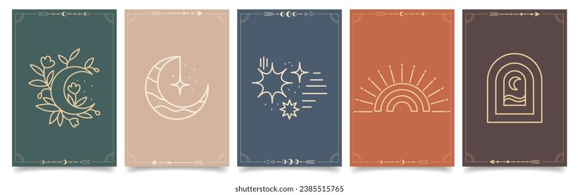 Set of esoteric mystical posters with spiritual symbols, moon, sun, stars. Templates on light and dark backgrounds, boho style. Vector