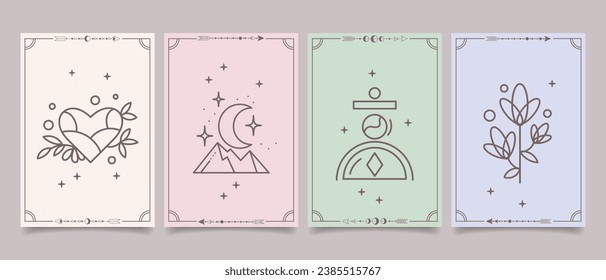 Set of esoteric mystical posters with spiritual symbols, moon, sun, stars. Templates on light and dark backgrounds, boho style. Vector