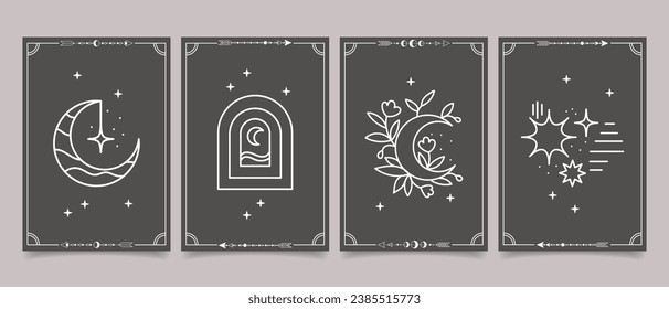 Set of esoteric mystical posters with spiritual symbols, moon, sun, stars. Templates on light and dark backgrounds, boho style. Vector