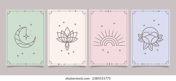 Set of esoteric mystical posters with spiritual symbols, moon, sun, stars. Templates on light and dark backgrounds, boho style. Vector