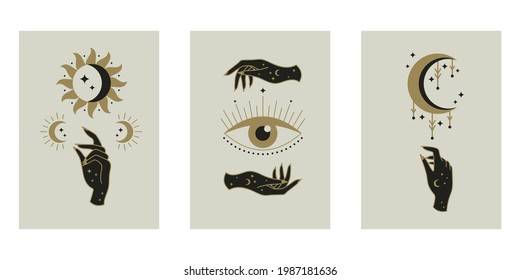 Set of esoteric mystical posters. Sun, moon, hands, eye, gestures. Minimal geometric boho style. Spiritual concept. Design for wallpaper, wall decor, print, card, background. Vector illustration. 