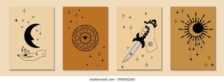 Set of esoteric mystical talismans with female hands, dagger, sun, moon, sacred geometry stars. Vector symbols of spiritual occultism.