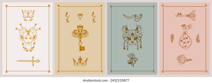 Conjunto de carteles esotéricos. Chica con amuletos mágicos, corona, espada, llave con ornamento, diamante, máscara de lince, flor con tres ramas, hoz de druida Boho estilo ilustración vectorial de contorno.