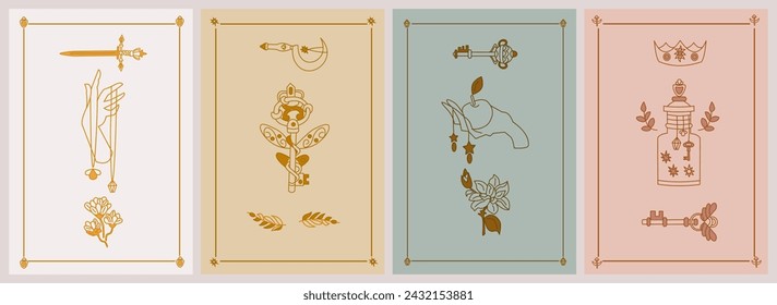 Set of esoteric posters. Hand with amulet, golden sword, mystic flower, branches, key with wings, druid sickle, Hand holding an apple, poison with stars. Boho style vector outline illustration.