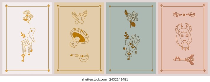 Set of esoteric posters. Hand holding magical amulets, key, mystic flower, branches, spotted mushroom, druid sickle, girl with horns and bells, key with wings Boho style vector outline illustration.