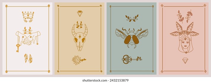 Set of esoteric posters Two hands hold key, crown, skull with horns, branches, prickly flower, diamond, flying golden scarab, Girl with flowers and wings Boho style vector outline illustration.