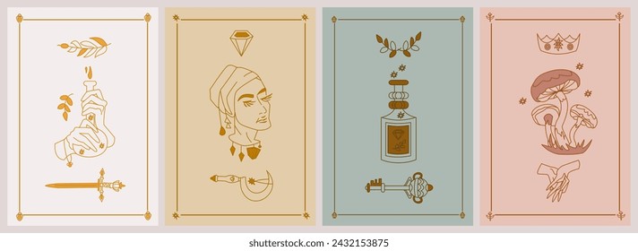 Set von esoterischen Postern. Frau mit Kopfbedeckung, Druiden Sichel, Zweig, Magisches Gift mit Diamant, Schlüssel, Pilz, Hände mit verschränkten Fingern, Krone. Boho Stil Vektor Umriss Illustration.