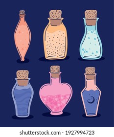 set of esoteric potions on a purple background vector illustration design