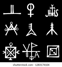 Set of esoteric sacred geometric written symbols. Abstract mystic signs collection. Vector. 