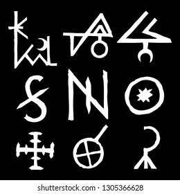 Set of esoteric sacred geometric written symbols. Abstract mystic signs collection. Vector. 