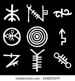 Set of esoteric sacred geometric written symbols. Abstract mystic signs collection. Vector. 