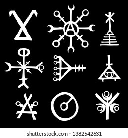 Set of esoteric sacred geometric written symbols. Abstract mystic signs collection. Vector. 