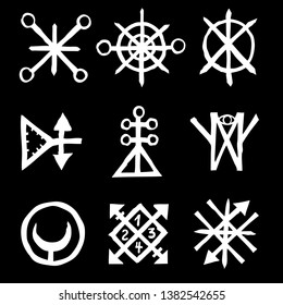 Set of esoteric sacred geometric written symbols. Abstract mystic signs collection. Vector. 