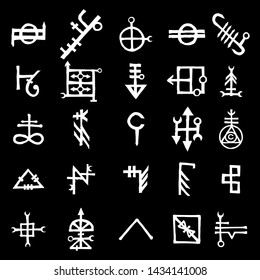 Set of esoteric sacred geometric written symbols. Abstract mystic signs collection. Vector. 