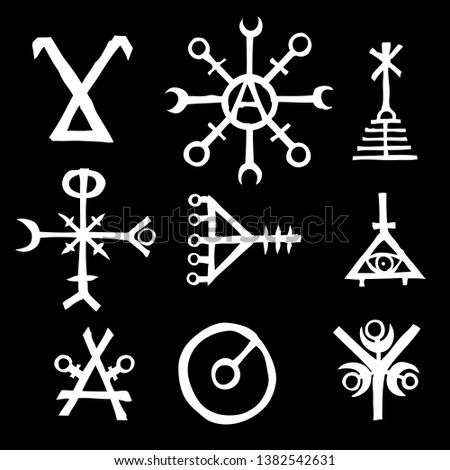 Set of esoteric sacred geometric written symbols. Abstract mystic signs collection. Vector. 