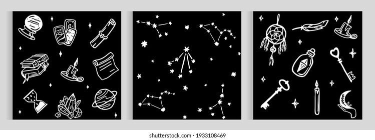 A set of esoteric and seamless patterns with the moon, planet, constellation and stars. Divination, astrology, mysticism. black background.