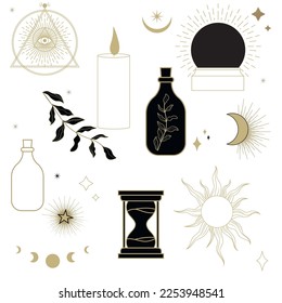 set for esoteric sessions in flat style. a set for divination and magic with a bottle, a clock, a candle and a glass ball