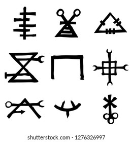 Set of esoteric symbol design elements. Imaginary handwritten alchemy signs, space, spirituality, inspired by mysticism, freemasonry, astrology. Vector .