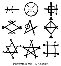 Set of esoteric symbol design elements. Imaginary handwritten alchemy signs, space, spirituality, inspired by mysticism, freemasonry, astrology. Vector .