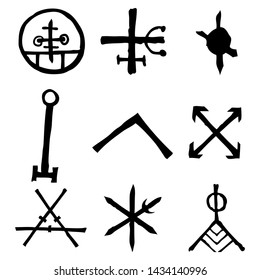 Set of esoteric symbol design elements. Imaginary handwritten alchemy signs, space, spirituality, inspired by mysticism, freemasonry, astrology. Vector .