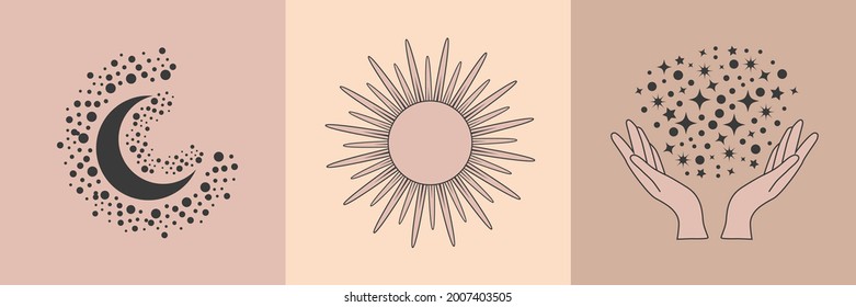 Conjunto de símbolos sotéricos, alquimia y arte de brujería. Conjunto étnico con manos, luna, ojos y otros elementos mágicos