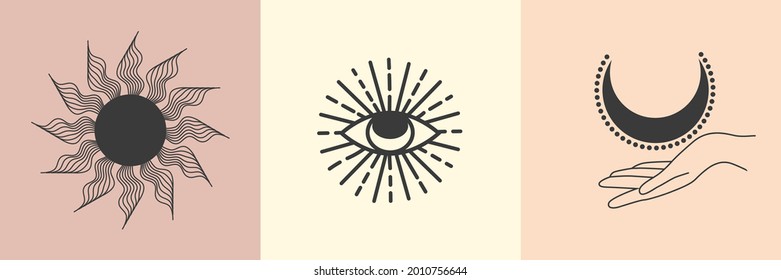 Set of Esoteric symbols, alchemy and witchcraft art. Ethnic set with hands, moon, eye and other magic elements