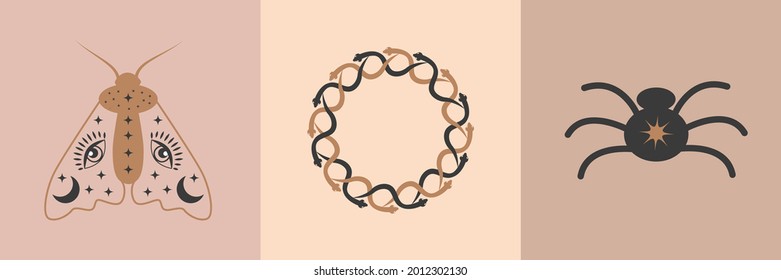 Conjunto de símbolos ersotéricos, alquimia y arte de brujería Celestial Magia ilustración de íconos y símbolos del sol, la luna, cristales, ojo malvado, manos brujas